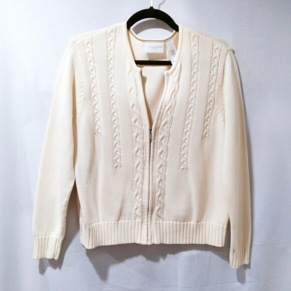 Liz Claiborne Cable Knit 100% Cotton Cardigan Zip-Up Sweater Ivory Medium EUC - Picture 1 of 6